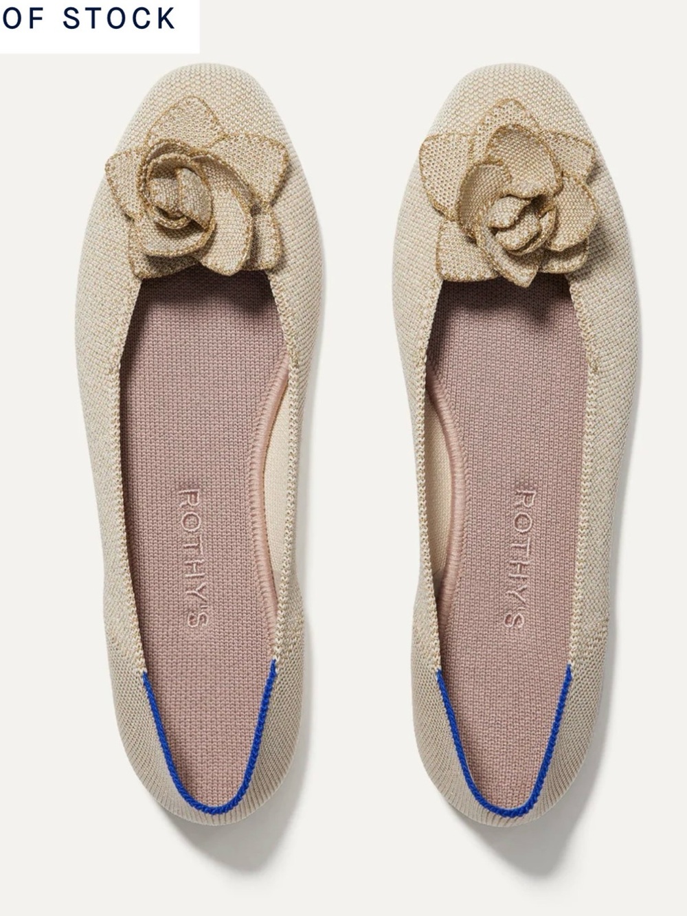 NEW Rothy's Petal Point Ballet Flats in Light Gold Metallic with Floral Applique